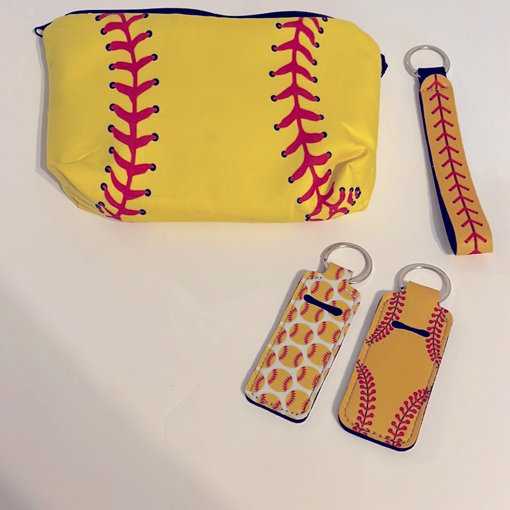 Softball themed makeup bag w/ 2 keychain lipgloss holders &  keychain NWOT